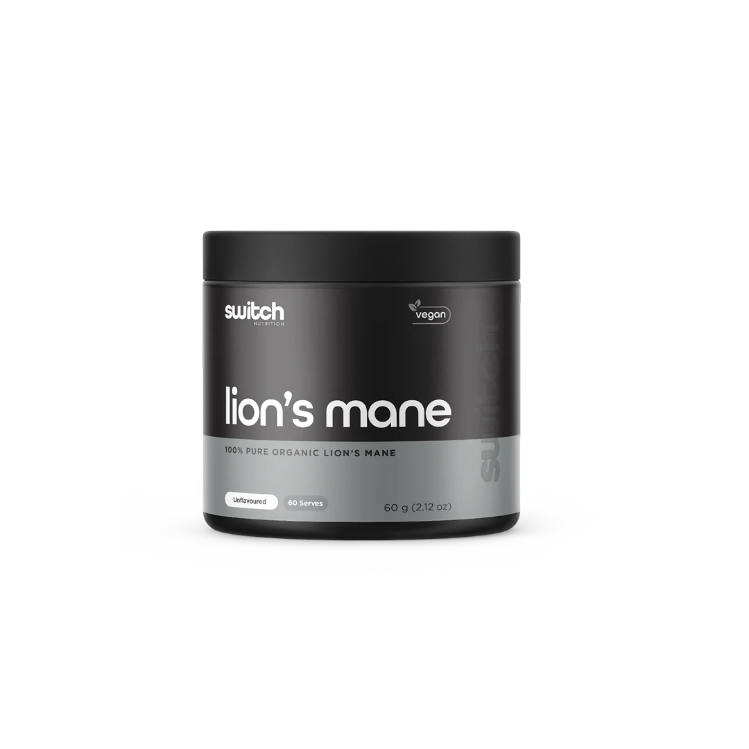 Container of 'Lion's Mane' supplement by Switch on a white background
