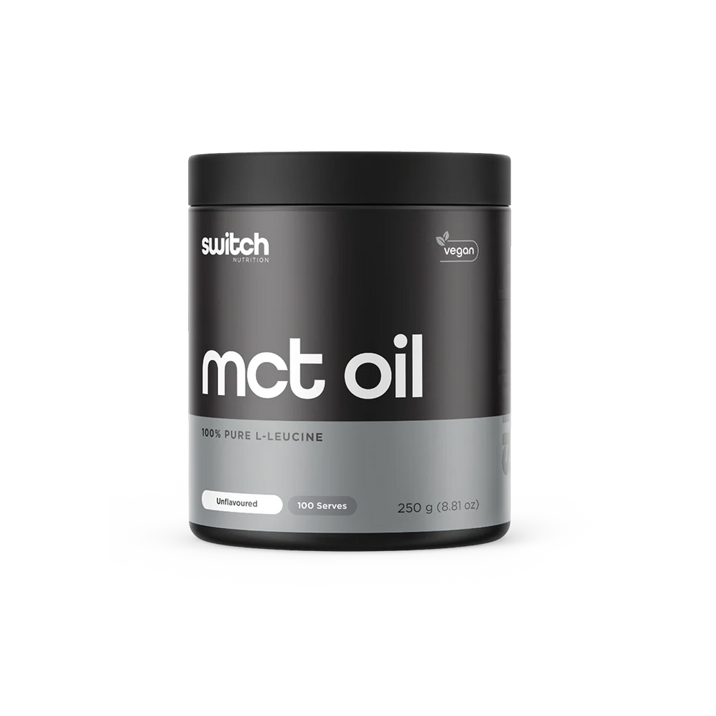 Container of mct oil with 'switch' branding on a white background