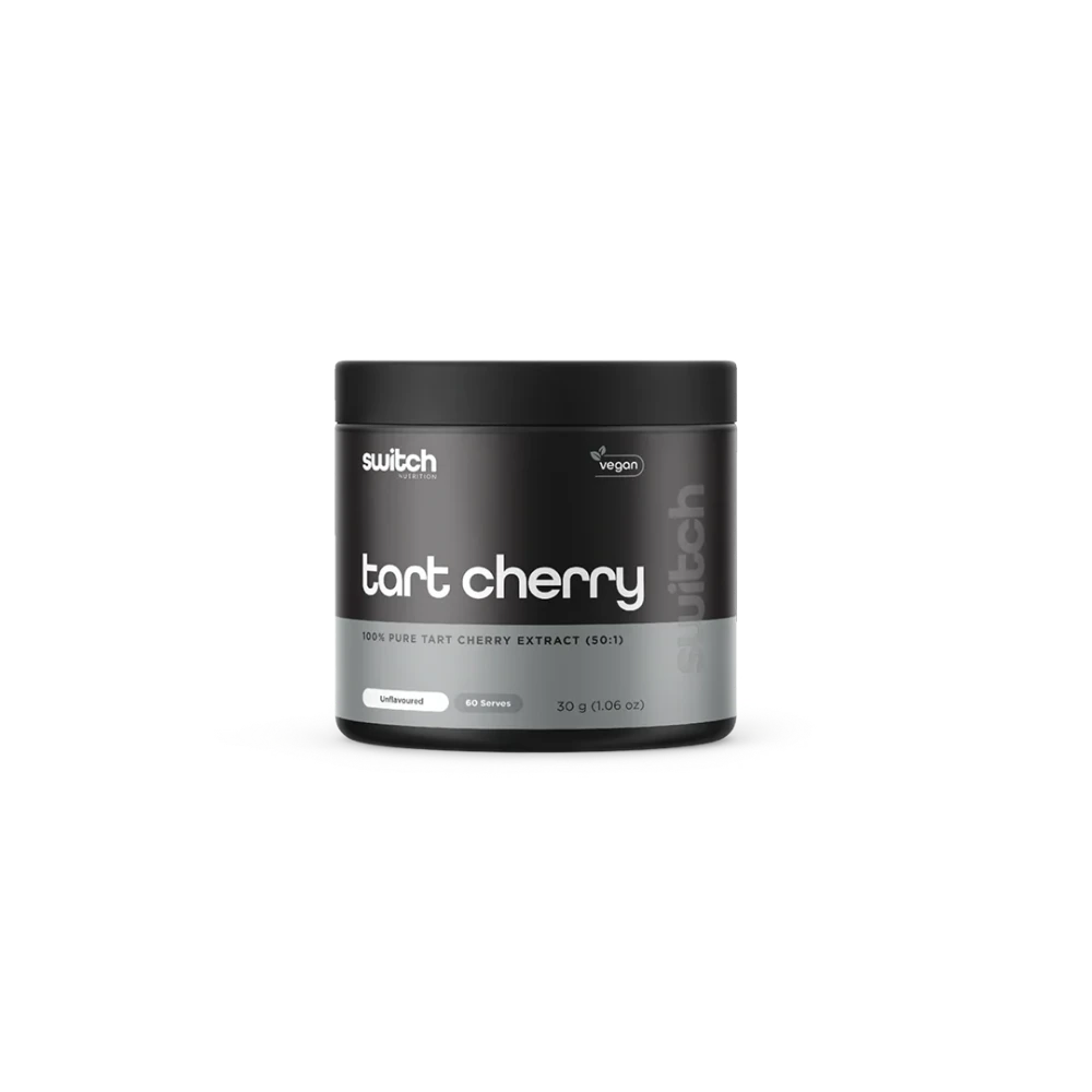 Container of switch tart cherry powder on a white background