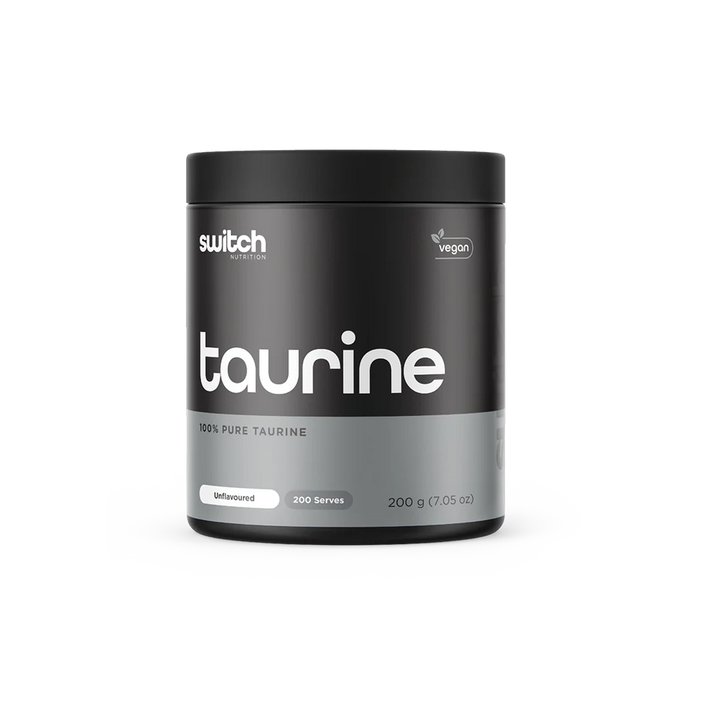 Black and gray container of taurine supplement with 'switch' branding on a white background