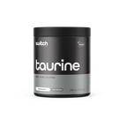 Black and gray container of taurine supplement with 'switch' branding on a white background