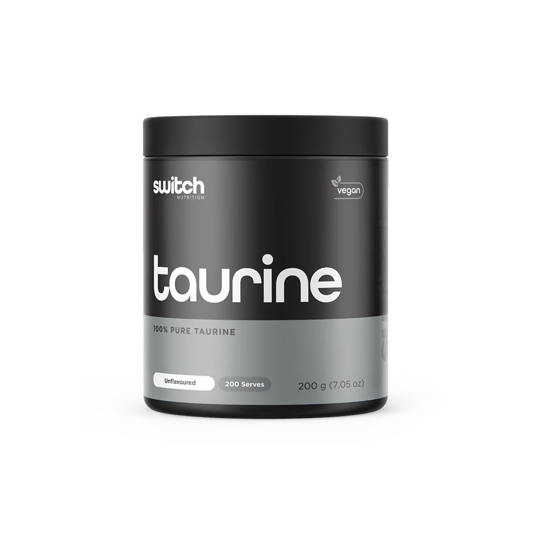 Black and gray container of taurine supplement with 'switch' branding on a white background