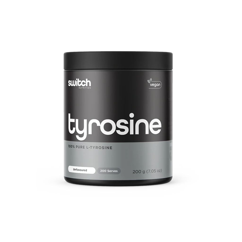 Container of tyrosine powder by switch nutrition on a white background