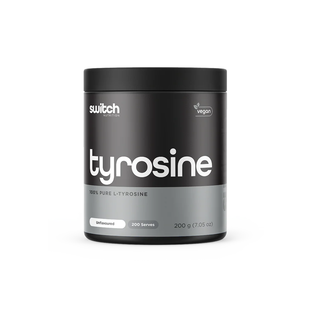 Container of tyrosine powder by switch nutrition on a white background