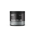 Black supplement container labeled 'vitamin D3 + K2' by switch on a white background