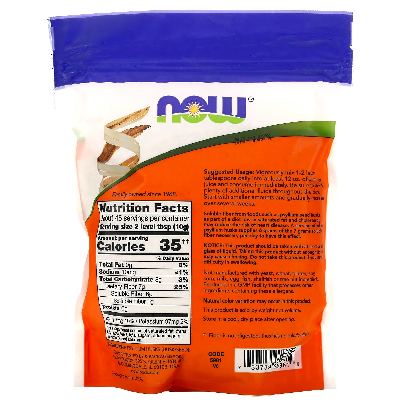 NOW whole psyllium husks 45 Serves