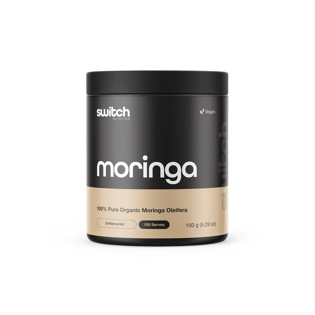 Black and beige container of switch Nutrition Moringa powder on a white background