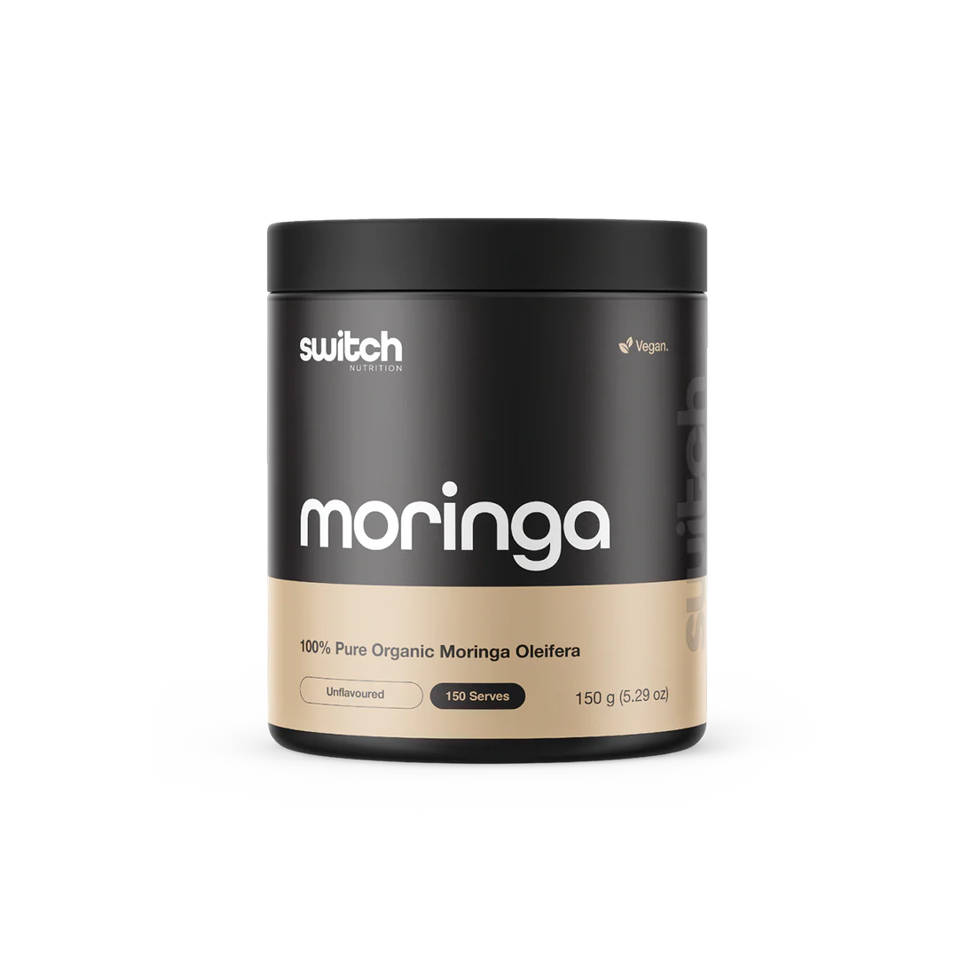 Black and beige container of switch Nutrition Moringa powder on a white background