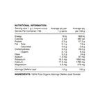 Nutritional information and ingredient list for a product with Moringa Oleifera Leaf Powder.